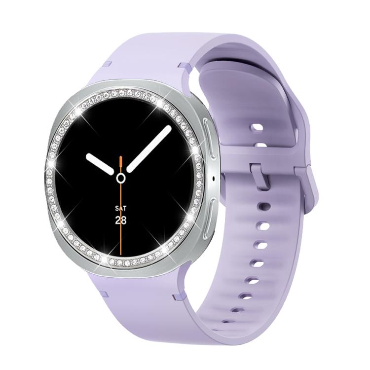 For Samsung Galaxy Watch8 44mm Diamond Bezel and Solid Color Stitched Silicone Watch Band(Official Purple Silver) - free shipping - PMC TechLife - Order now!