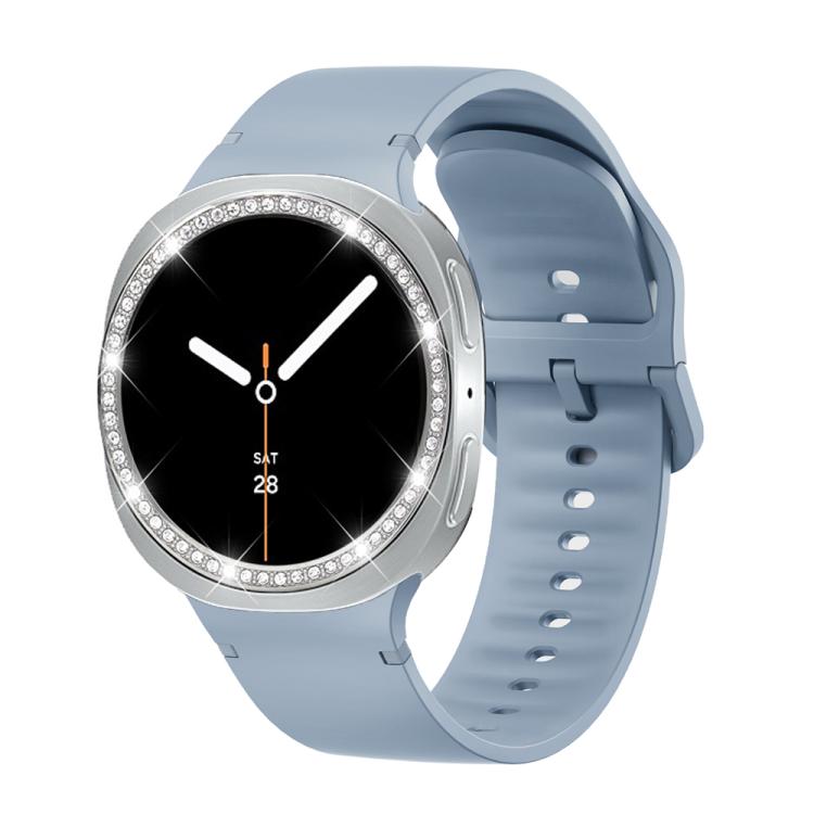 For Samsung Galaxy Watch8 44mm Diamond Bezel and Solid Color Stitched Silicone Watch Band(Jewel Blue Silver) - free shipping - PMC TechLife - Order now!