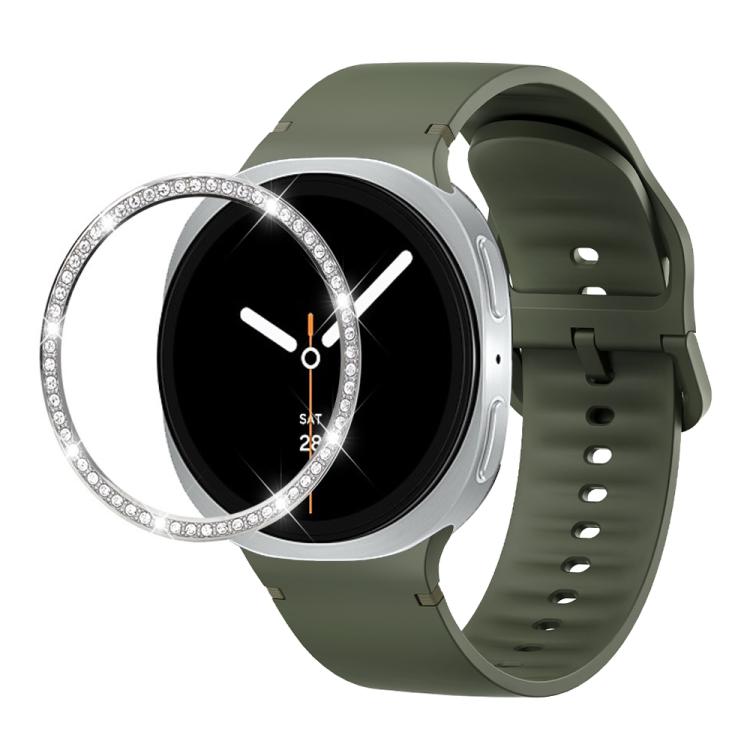 For Samsung Galaxy Watch8 44mm Diamond Bezel and Solid Color Stitched Silicone Watch Band(Army Green Silver) - free shipping - PMC TechLife - Order now!