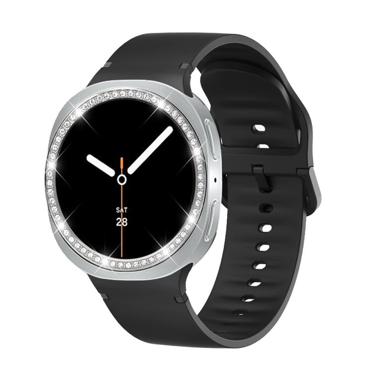 For Samsung Galaxy Watch8 44mm Diamond Bezel and Solid Color Stitched Silicone Watch Band(Black Silver) - free shipping - PMC TechLife - Order now!