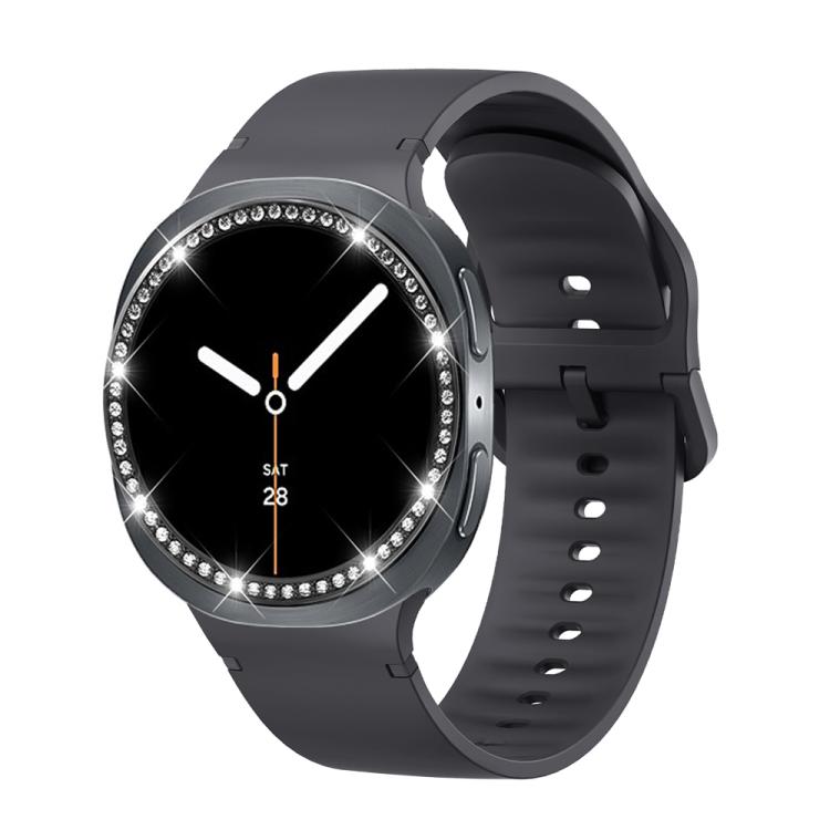 For Samsung Galaxy Watch8 44mm Diamond Bezel and Solid Color Stitched Silicone Watch Band(Dark Gray Black) - free shipping - PMC TechLife - Order now!