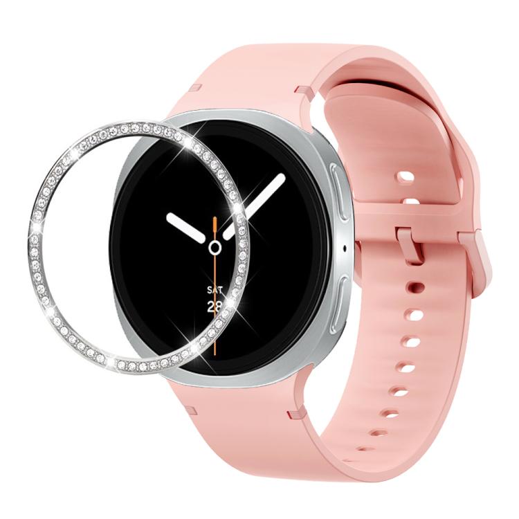 For Samsung Galaxy Watch8 40mm Diamond Bezel and Solid Color Stitched Silicone Watch Band(Pink Silver) - free shipping - PMC TechLife - Order now!