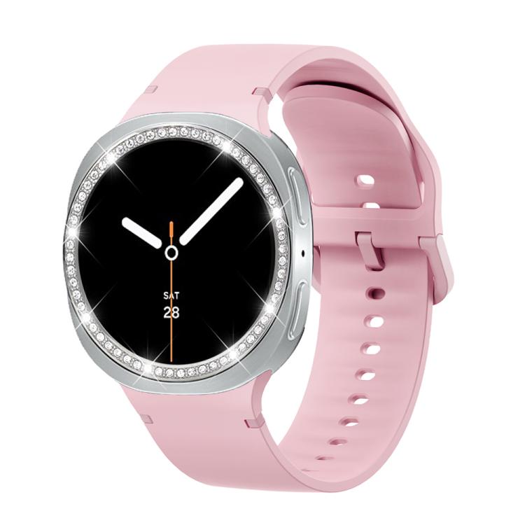 For Samsung Galaxy Watch8 40mm Diamond Bezel and Solid Color Stitched Silicone Watch Band(Light Pink Silver) - free shipping - PMC TechLife - Order now!