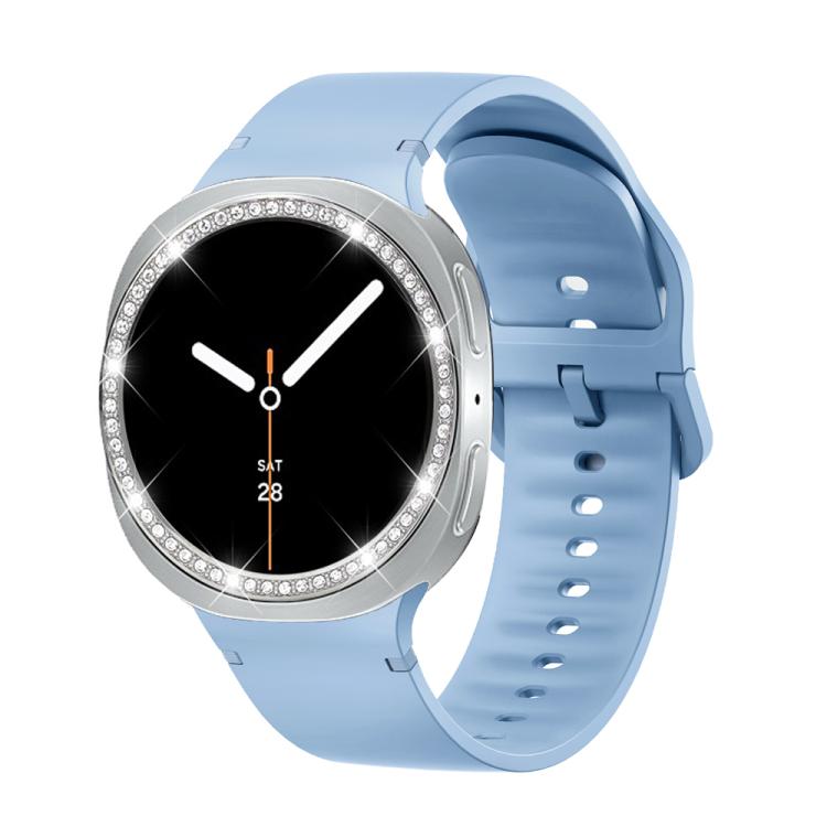 For Samsung Galaxy Watch8 40mm Diamond Bezel and Solid Color Stitched Silicone Watch Band(Light Blue Silver) - free shipping - PMC TechLife - Order now!