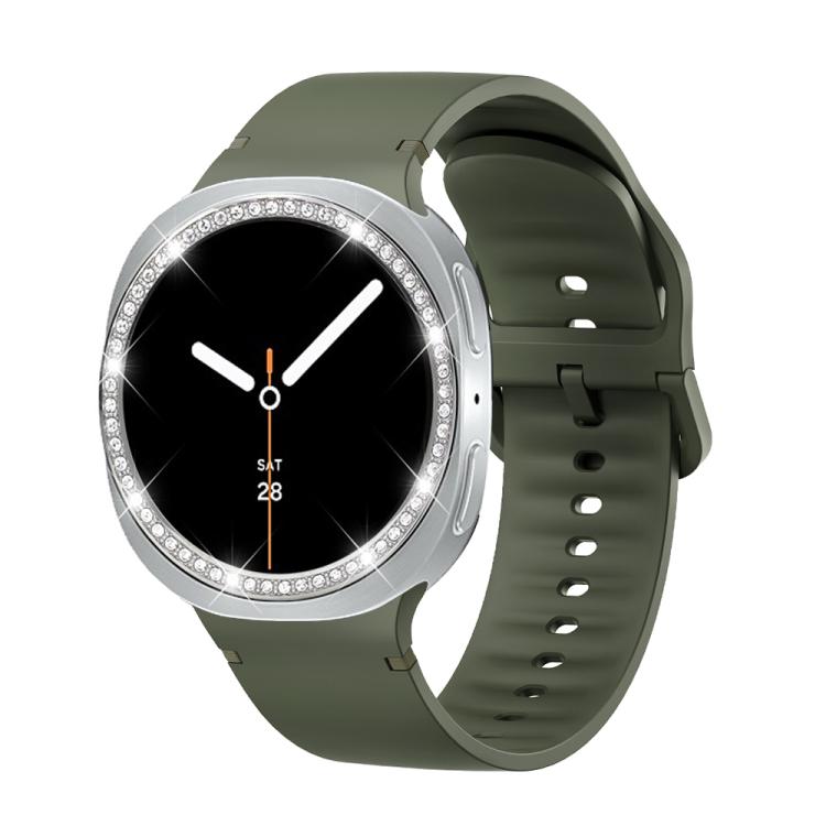 For Samsung Galaxy Watch8 40mm Diamond Bezel and Solid Color Stitched Silicone Watch Band(Army Green Silver) - free shipping - PMC TechLife - Order now!