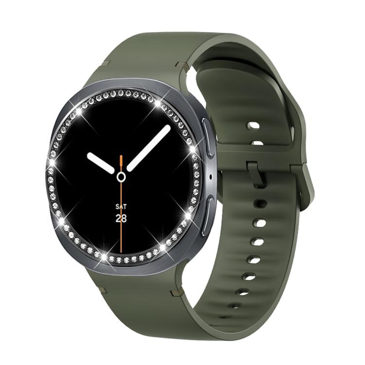For Samsung Galaxy Watch8 40mm Diamond Bezel and Solid Color Stitched Silicone Watch Band(Army Green Black) - free shipping - PMC TechLife - Order now!