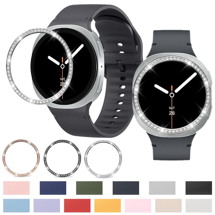 For Samsung Galaxy Watch8 44mm Diamond Bezel and Solid Color Stitched Silicone Watch Band(Light Blue Silver) - free shipping - PMC TechLife - Order now!