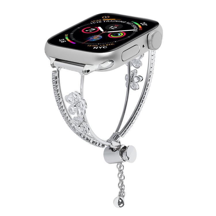 For Apple Watch 46mm / 49mm / 45mm / 44mm Copper-Inlaid Zircon 5-petal Flower Bracelet Watch Band(Silver) - free shipping - PMC TechLife - Order now!