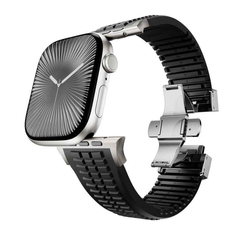 For Apple Watch 46mm / 49mm / 45mm / 44mm Knurled Texture Folding Buckle Silicone Watch Band(Titanium Black) - free shipping - PMC TechLife - Order now!