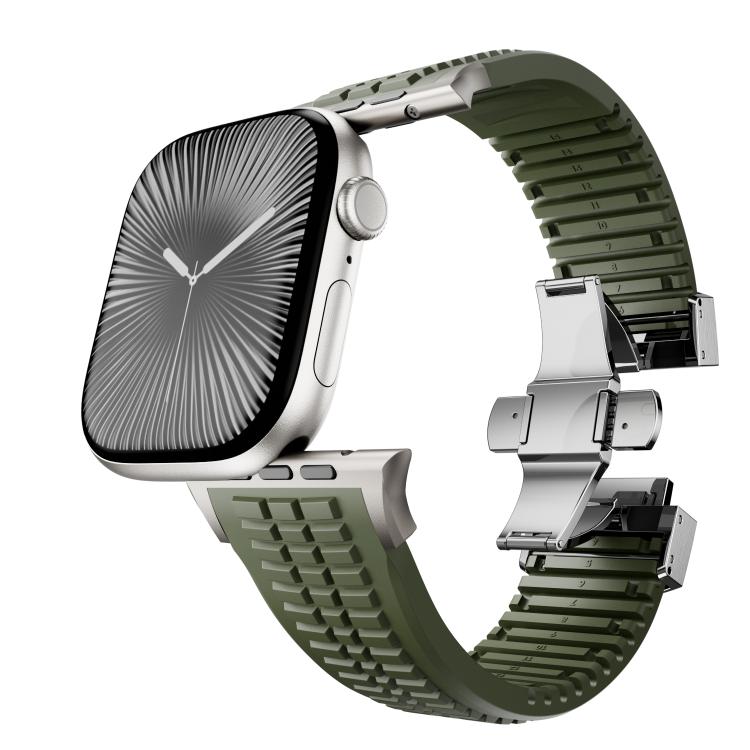 For Apple Watch 46mm / 49mm / 45mm / 44mm Knurled Texture Folding Buckle Silicone Watch Band(Titanium Green) - free shipping - PMC TechLife - Order now!