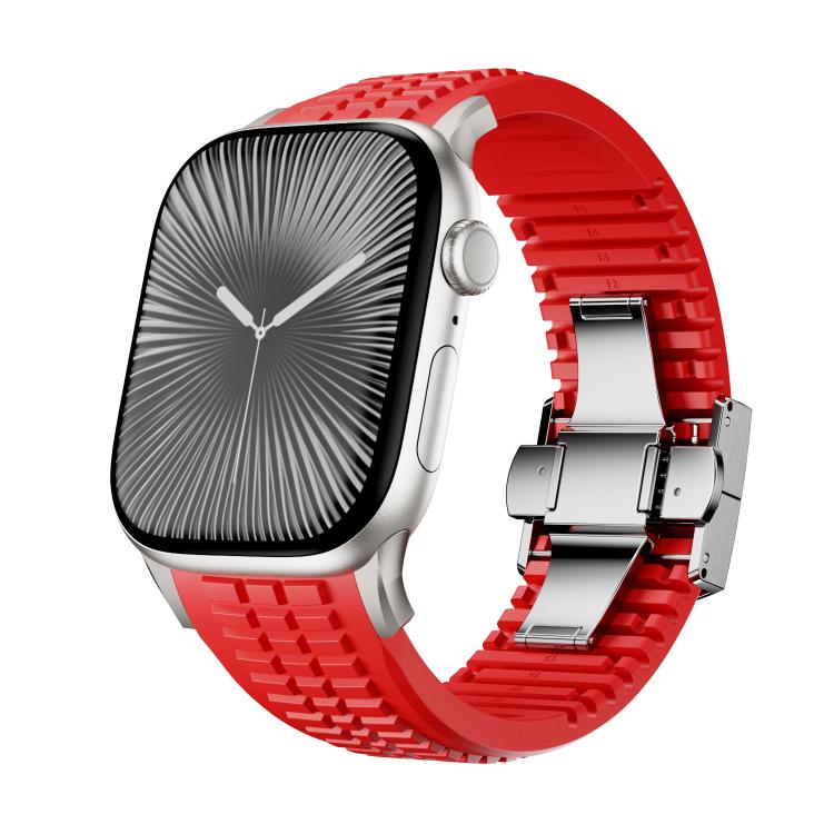 For Apple Watch 46mm / 49mm / 45mm / 44mm Knurled Texture Folding Buckle Silicone Watch Band(Titanium Red) - free shipping - PMC TechLife - Order now!