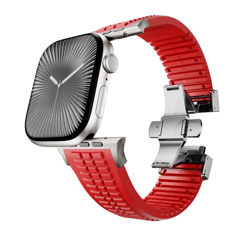 For Apple Watch 46mm / 49mm / 45mm / 44mm Knurled Texture Folding Buckle Silicone Watch Band(Titanium Red) - free shipping - PMC TechLife - Order now!