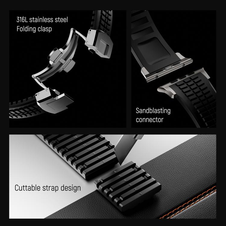 For Apple Watch 46mm / 49mm / 45mm / 44mm Knurled Texture Folding Buckle Silicone Watch Band(Black Black) - free shipping - PMC TechLife - Order now!