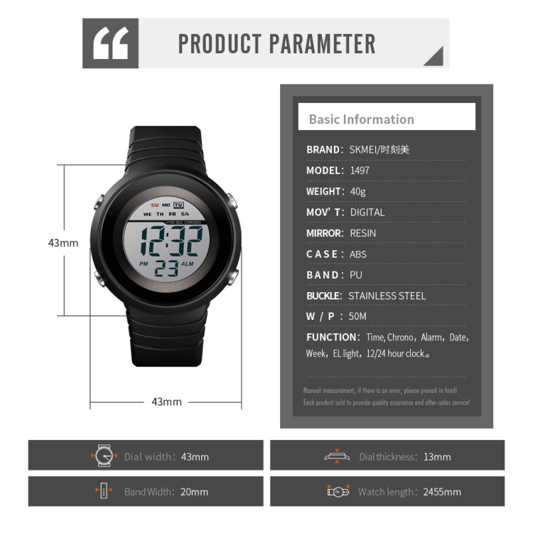 SKMEI 1497 Fashion Simple Backlight Single Display Electronic Watch Timing Alarm Watch(Blue Black) - free shipping - PMC TechLife - Order now!