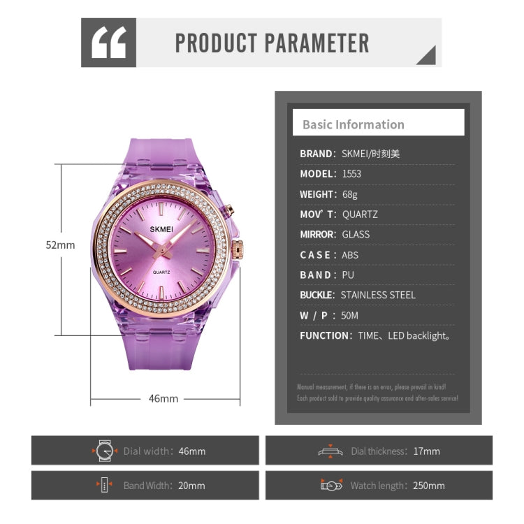 SkMEI 1553 Women LED Color Light Transparent Waterproof Watch Inlaid With Water Drill(Purple) - free shipping - PMC TechLife - Order now!