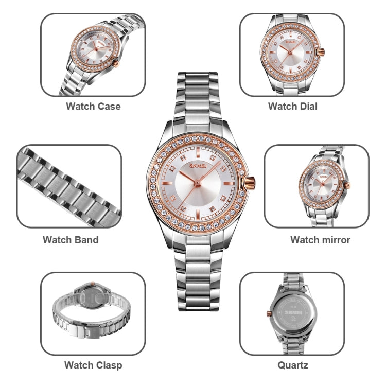SKMEI 1534 elegant waterproof quartz steel band watch with diamond inlay(Silver Rose Gold) - free shipping - PMC TechLife - Order now!