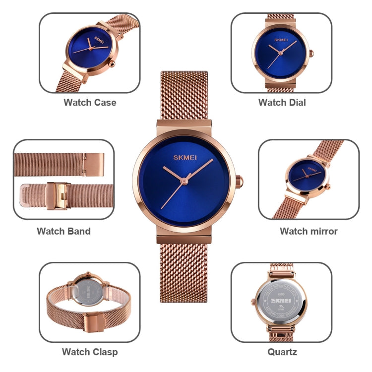 Skmei 1595 Fashion Elegant Scale Free Steel Mesh Belt Women's Watch Waterproof Business Student Quartz Watch Female(Rose Gold Blue) - free shipping - PMC TechLife - Order now!