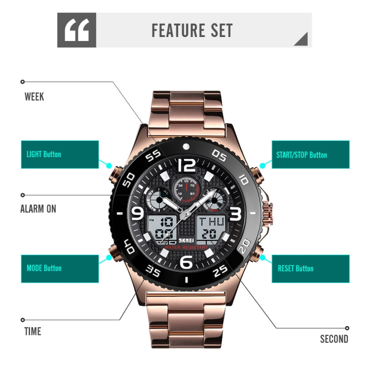 SKMEI 1538 Multi-Function Time Large Dial Steel Belt Men  Casual Sports Electronic Watch(Rose Gold-Silicone Belt) - free shipping - PMC TechLife - Order now!