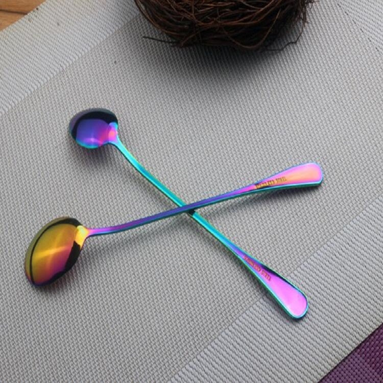 2 PCS Stainless Steel Rainbow Long Handled Coffee Scoops Cold Drink Stirring Spoon for Dessert Cake, Style:Round Spoon(Colorful) - free shipping - PMC TechLife - Order now!