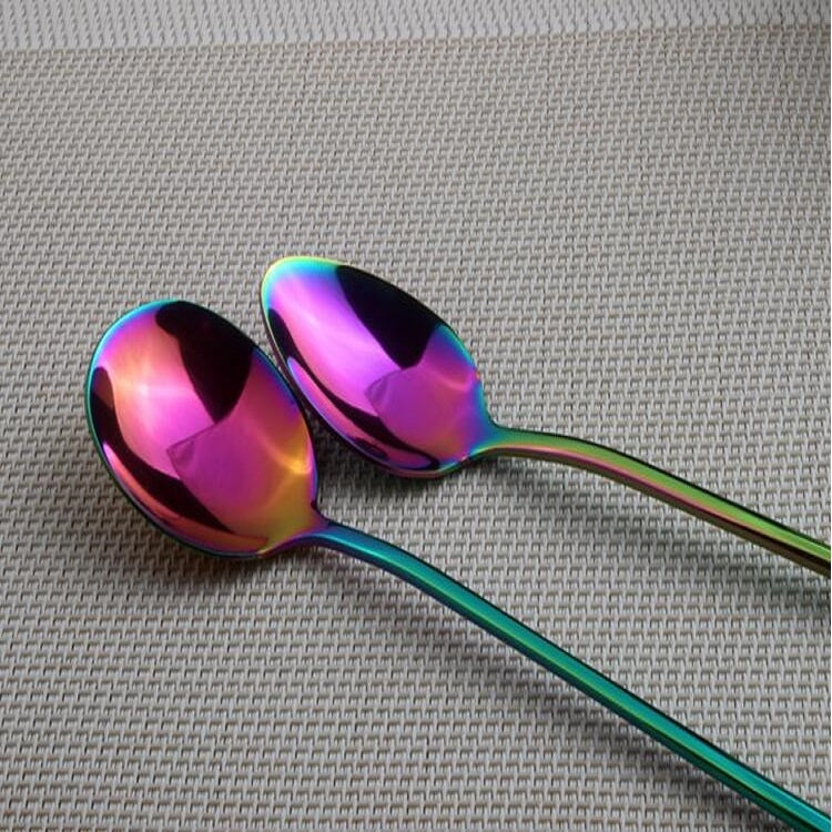 2 PCS Stainless Steel Rainbow Long Handled Coffee Scoops Cold Drink Stirring Spoon for Dessert Cake, Style:Round Spoon(Colorful) - free shipping - PMC TechLife - Order now!