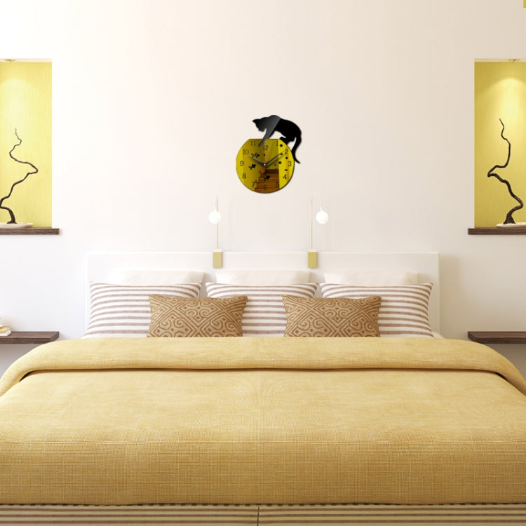 3D Acrylic Cat Mirror Wall Clock DIY Fashion Home Decoration(Black Gold) - Wall Clock by PMc TechLife | Online Shopping South Africa | PMc TechLife | Buy Now Pay Later Mobicred