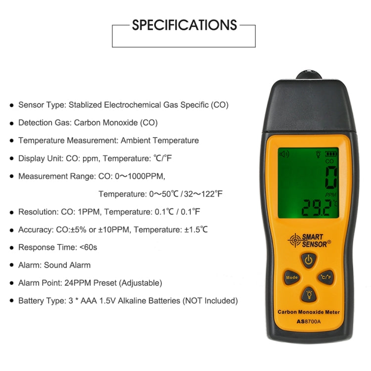 Smart Sensor AS8700A Handheld Carbon Monoxide Meter High Precision Digital CO Leak Detector Analyzer,  Sound  Light Alarm, Range: 0-1000ppm - free shipping - PMC TechLife - Order now!