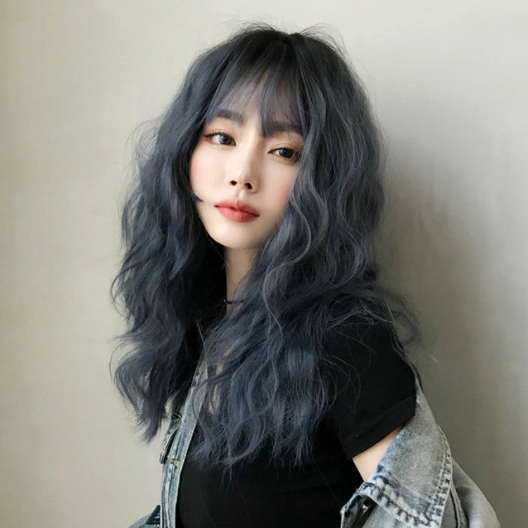 Women's Wool Long Hair With Bangs Natural Fluffy Wig, Color:Haze Blue (Black On Top) 54CM - free shipping - PMC TechLife - Order now!