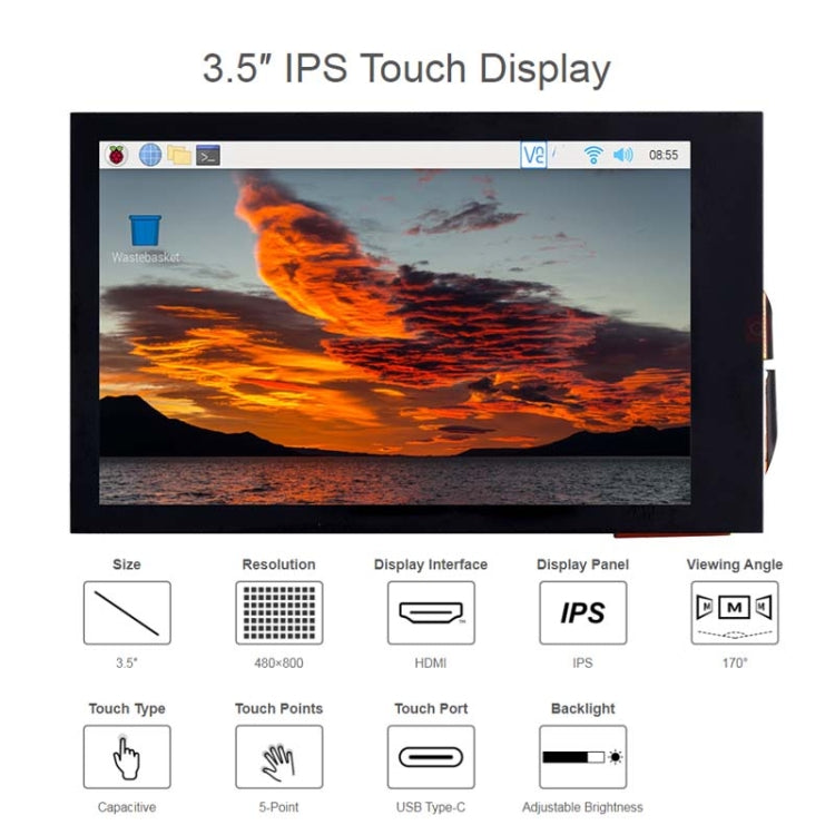 Waveshare 3.5inch 480x800 IPS Capacitive Touch LCD Display For Raspberry Pi ,HDMI Interface - free shipping - PMC TechLife - Order now!