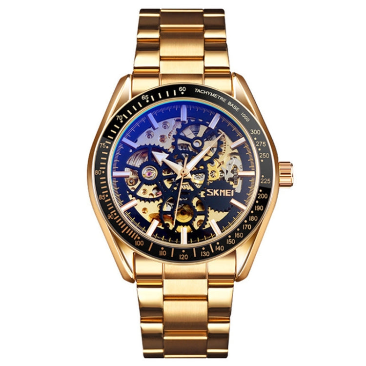 SKMEI 9194 Men Automatic Skeleton Mechanical Steel Band Watch (Golden Black Face) - free shipping - PMC TechLife - Order now!