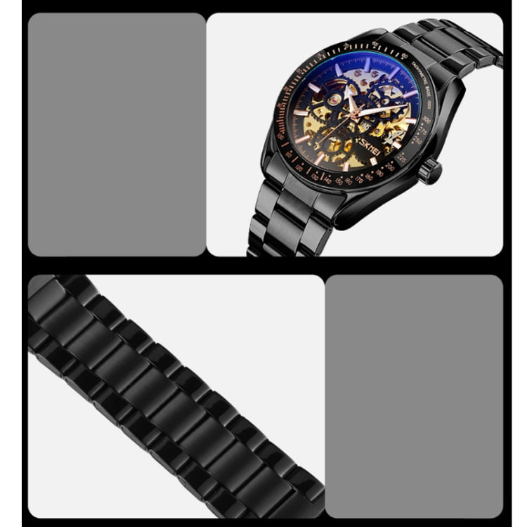 SKMEI 9194 Men Automatic Skeleton Mechanical Steel Band Watch (Golden Black Face) - free shipping - PMC TechLife - Order now!