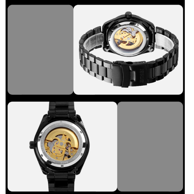 SKMEI 9194 Men Automatic Skeleton Mechanical Steel Band Watch (Golden Black Face) - free shipping - PMC TechLife - Order now!