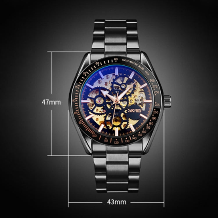 SKMEI 9194 Men Automatic Skeleton Mechanical Steel Band Watch (Golden Black Face) - free shipping - PMC TechLife - Order now!
