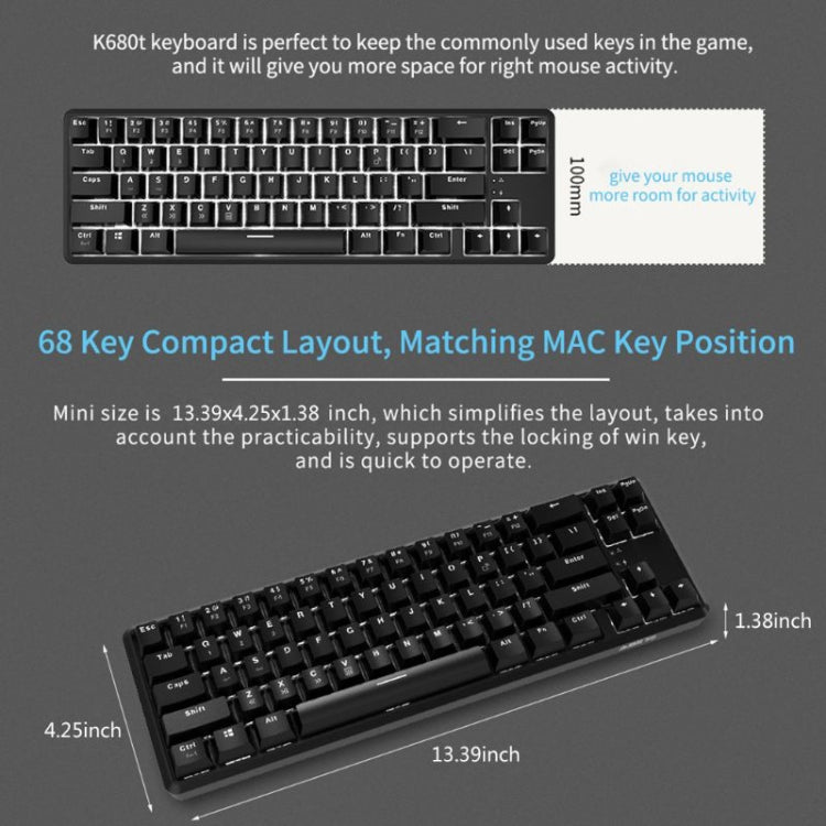 Ajazz K680T Mini USB Wired Dual-mode Charging 68-keys Laptop Bluetooth Mechanical Keyboard, Cable Length: 1.6m, Style:Green Shaft(Black) - free shipping - PMC Jewellery - Order now!