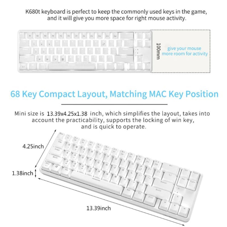 Ajazz K680T Mini USB Wired Dual-mode Charging 68-keys Laptop Bluetooth Mechanical Keyboard, Cable Length: 1.6m, Style:Tea Shaft(White) - free shipping - PMC Jewellery - Order now!