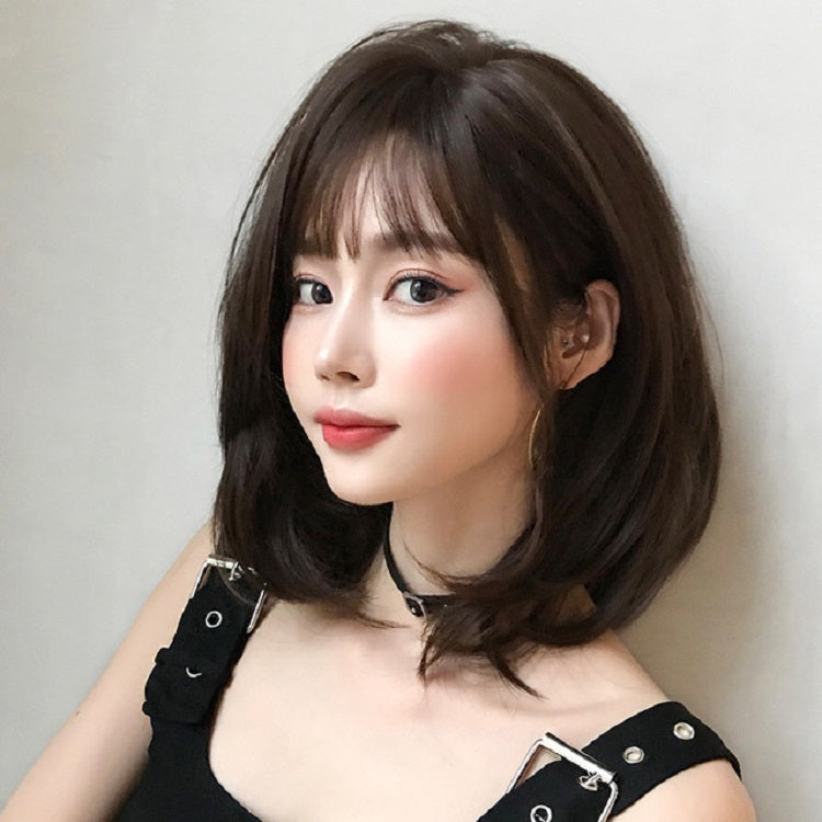 Female Short Hair With Bangs Wig Suitable For Round Face Shoulder Buckle Hair, Color:Cold Brown 40CM - free shipping - PMC TechLife - Order now!