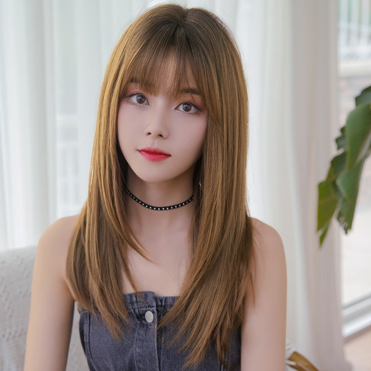 Ladies Long Straight Hair Air Bangs Wig Hair Set, Colour: Black Brown - free shipping - PMC TechLife - Order now!