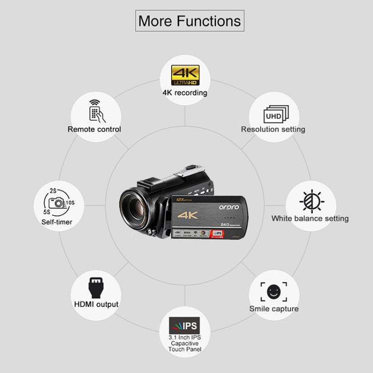 ORDRO AC5 4K HD Night Vision WiFi 12X Optical Zoom Digital Video DV Camera Camcorder, Style:Standard(Black) - free shipping - PMc TechLife - Order now!