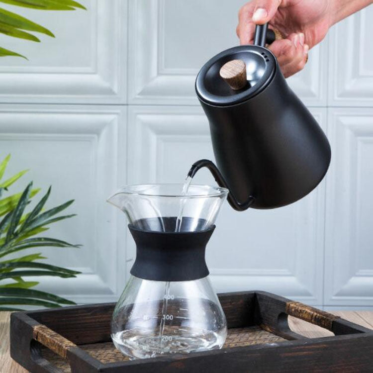 304 Stainless Steel Coffee Hand Pot Wooden Handle Coffee Pot Teflon Long-Mouth Slender Pot, Style: With Thermometer - free shipping - PMC TechLife - Order now!