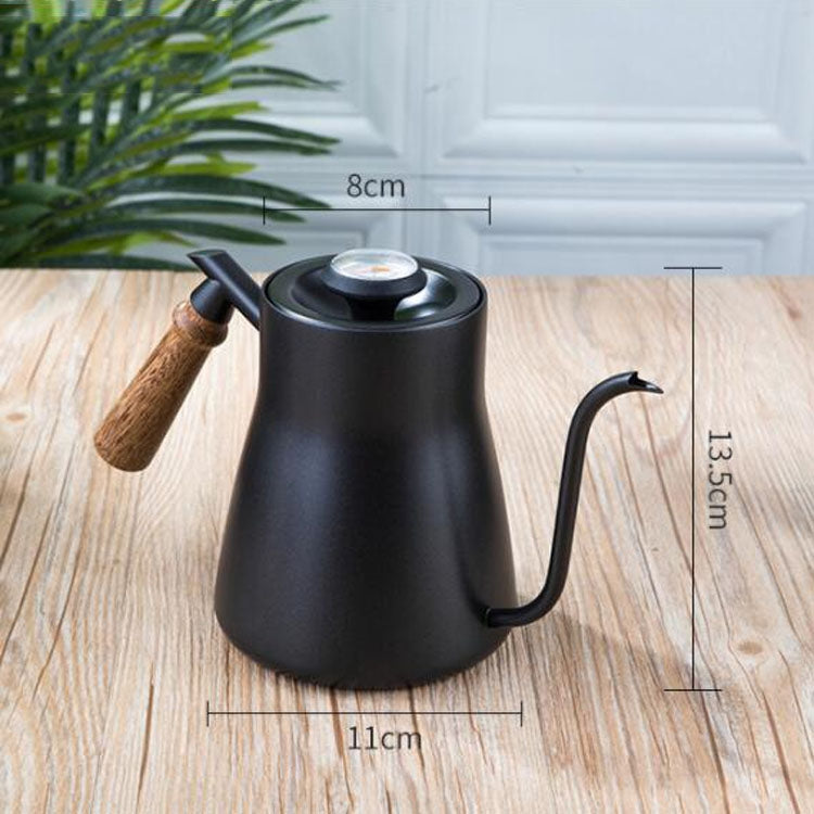 304 Stainless Steel Coffee Hand Pot Wooden Handle Coffee Pot Teflon Long-Mouth Slender Pot, Style: With Thermometer - free shipping - PMC TechLife - Order now!