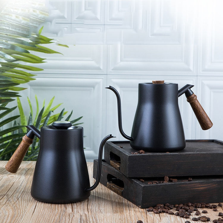 304 Stainless Steel Coffee Hand Pot Wooden Handle Coffee Pot Teflon Long-Mouth Slender Pot, Style: With Thermometer - free shipping - PMC TechLife - Order now!
