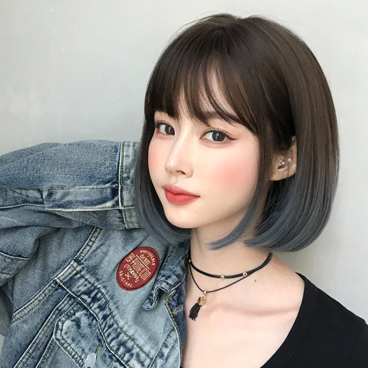 Wig Female Short Hair Bobo Student Head Round Face Full Top Headgear Natural Gradient Color Internal Buckle Straight Hair(Gradient Haze Blue 30CM) - free shipping - PMC TechLife - Order now!