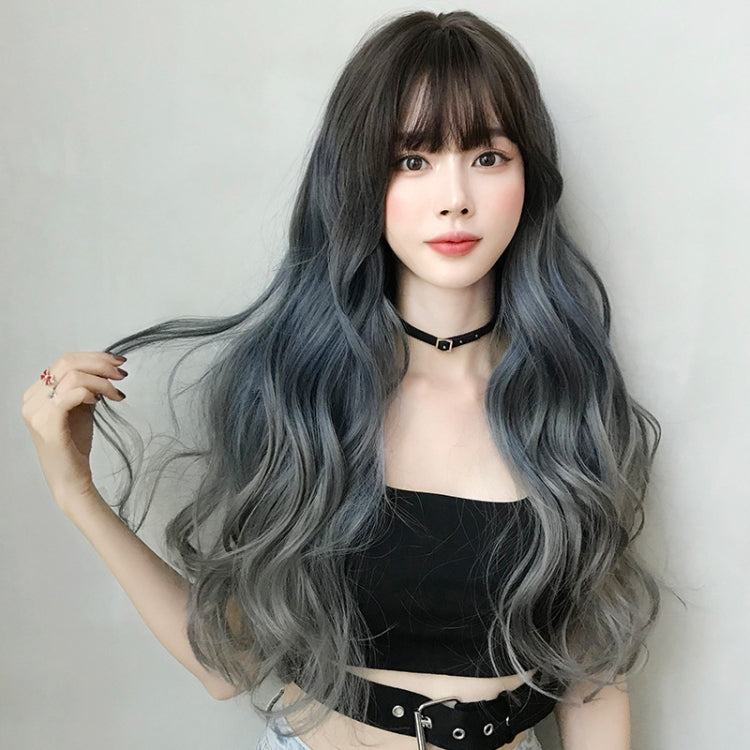 Wig Female Long Hair Big Wave Gradient Full Headgear(Gradient Fog Blue Gray 68CM) - free shipping - PMC TechLife - Order now!