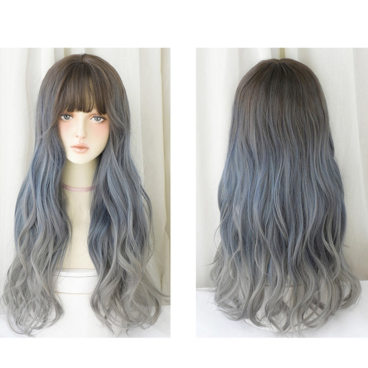 Wig Female Long Hair Big Wave Gradient Full Headgear(Gradient Fog Blue Gray 68CM) - free shipping - PMC TechLife - Order now!