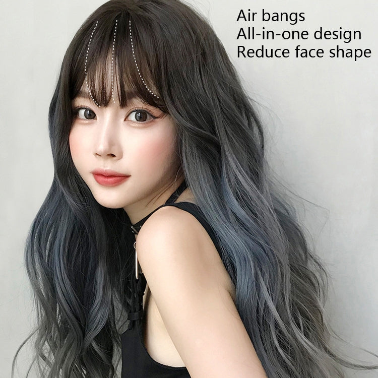 Wig Female Long Hair Big Wave Gradient Full Headgear(Gradient Fog Blue Gray 68CM) - free shipping - PMC TechLife - Order now!
