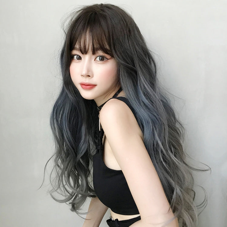 Wig Female Long Hair Big Wave Gradient Full Headgear(Gradient Fog Blue Gray 68CM) - free shipping - PMC TechLife - Order now!