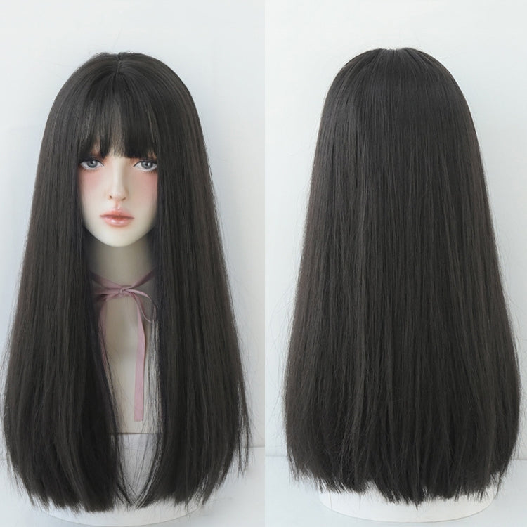 Wig Female Long Hair Full Headgear Straight Hair Natural Air Bangs Full Top Wig(Black Tea Color 58CM) - free shipping - PMC TechLife - Order now!