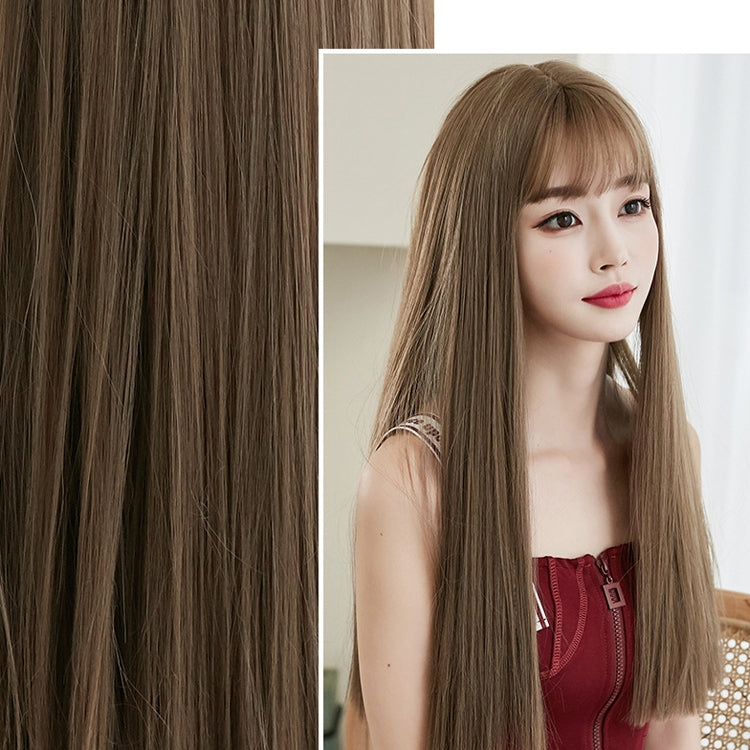 Wig Female Long Hair Full Headgear Straight Hair Natural Air Bangs Full Top Wig(Black Tea Color 58CM) - free shipping - PMC TechLife - Order now!