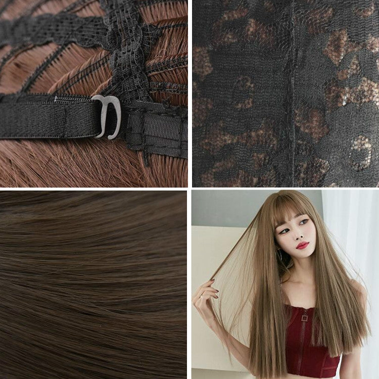 Wig Female Long Hair Full Headgear Straight Hair Natural Air Bangs Full Top Wig(Black Tea Color 58CM) - free shipping - PMC TechLife - Order now!