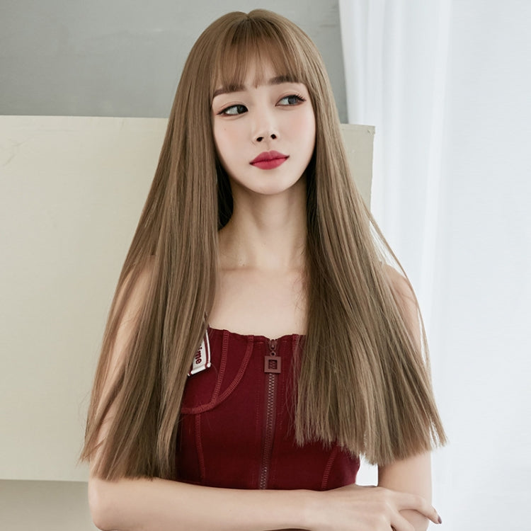 Wig Female Long Hair Full Headgear Straight Hair Natural Air Bangs Full Top Wig(Black Tea Color 58CM) - free shipping - PMC TechLife - Order now!