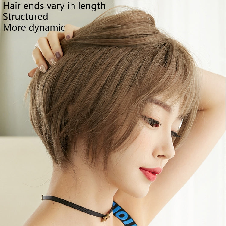 Wig Female Short Hair Round Face Full Top Headgear Short Hair Temperament Bangs Hair Cover(Black Brown 28CM) - free shipping - PMC TechLife - Order now!